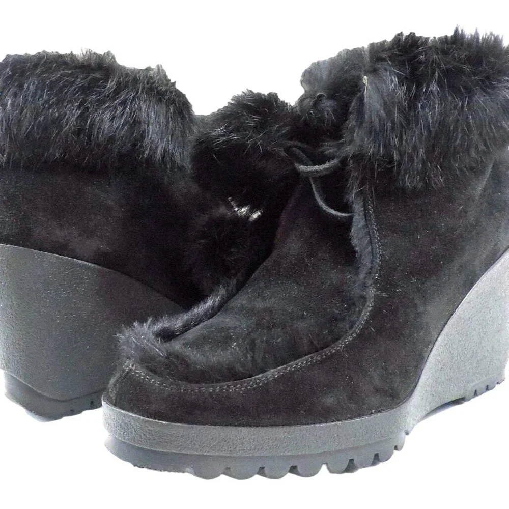 COACH Kataya Black Suede Rabbit Fur Trim Lace Up‎ Wedge Booties